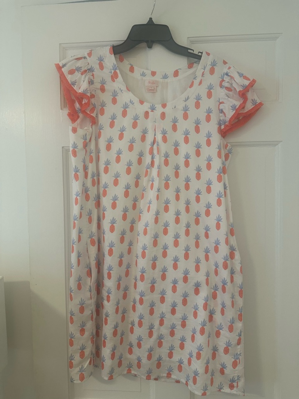 Persifor coral and blue pineapple print dress.